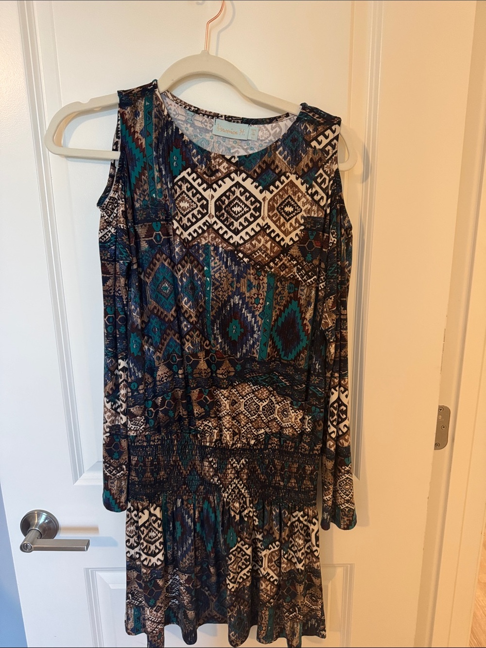 Veronica M Teal, Brown & Black Patterned Long Sleeve Dress